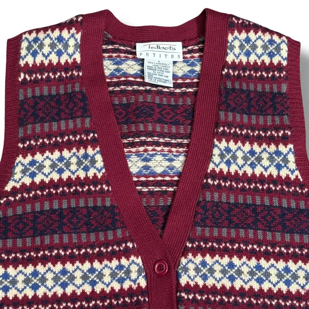 Vintage Talbots Fair Isle Wool Sweater Vest Burgundy Button Front Petite Preppy‎